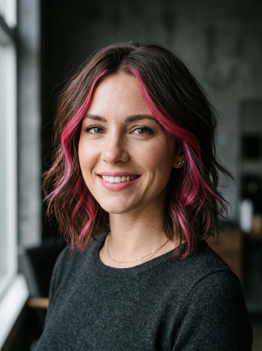 Dunkle Haare mit kräftigen pinken Strähnen - pinke Strähnen Idee